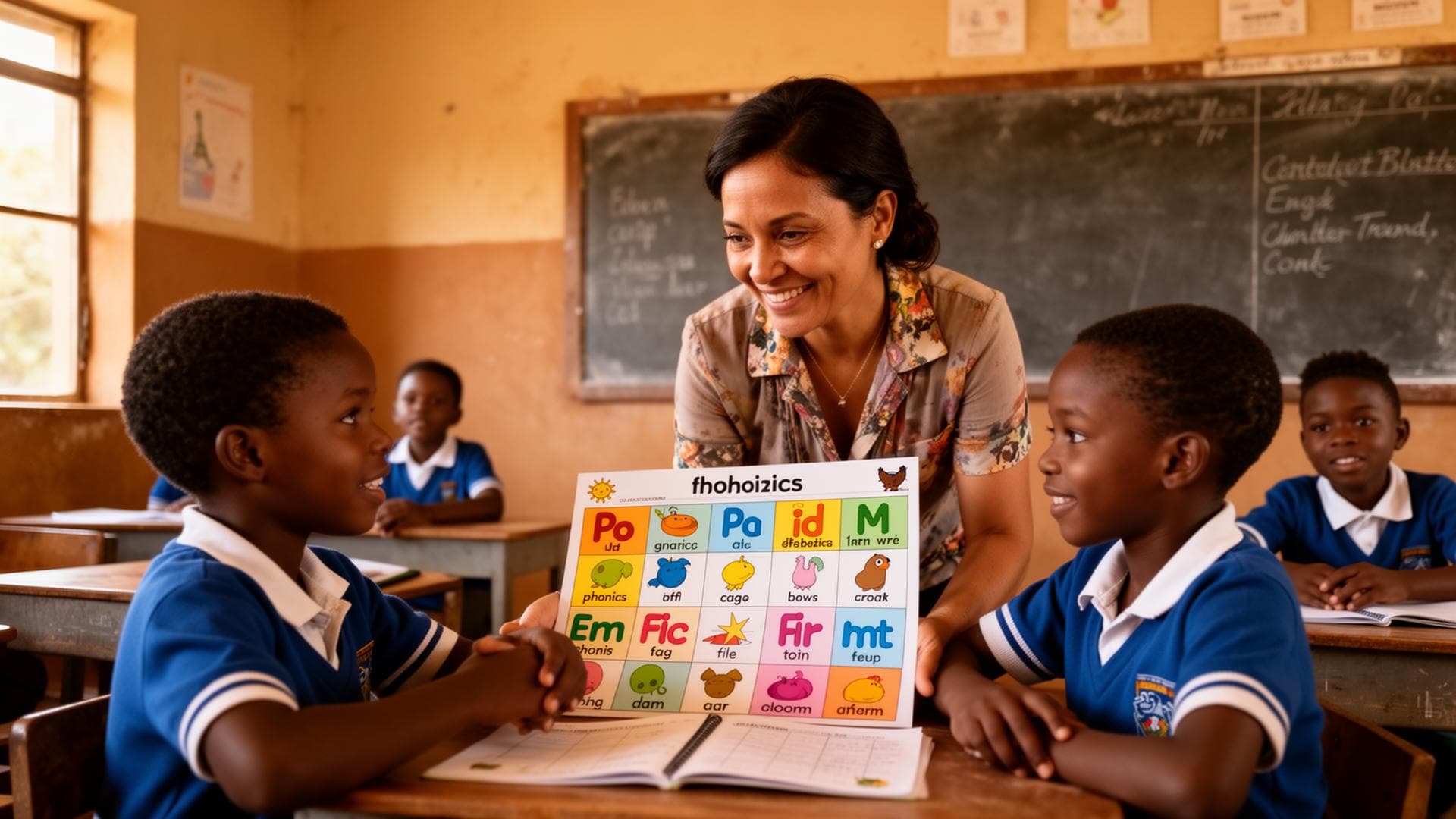 A foundation phase educator teaching phonics to two learners using a colour-coded chart.