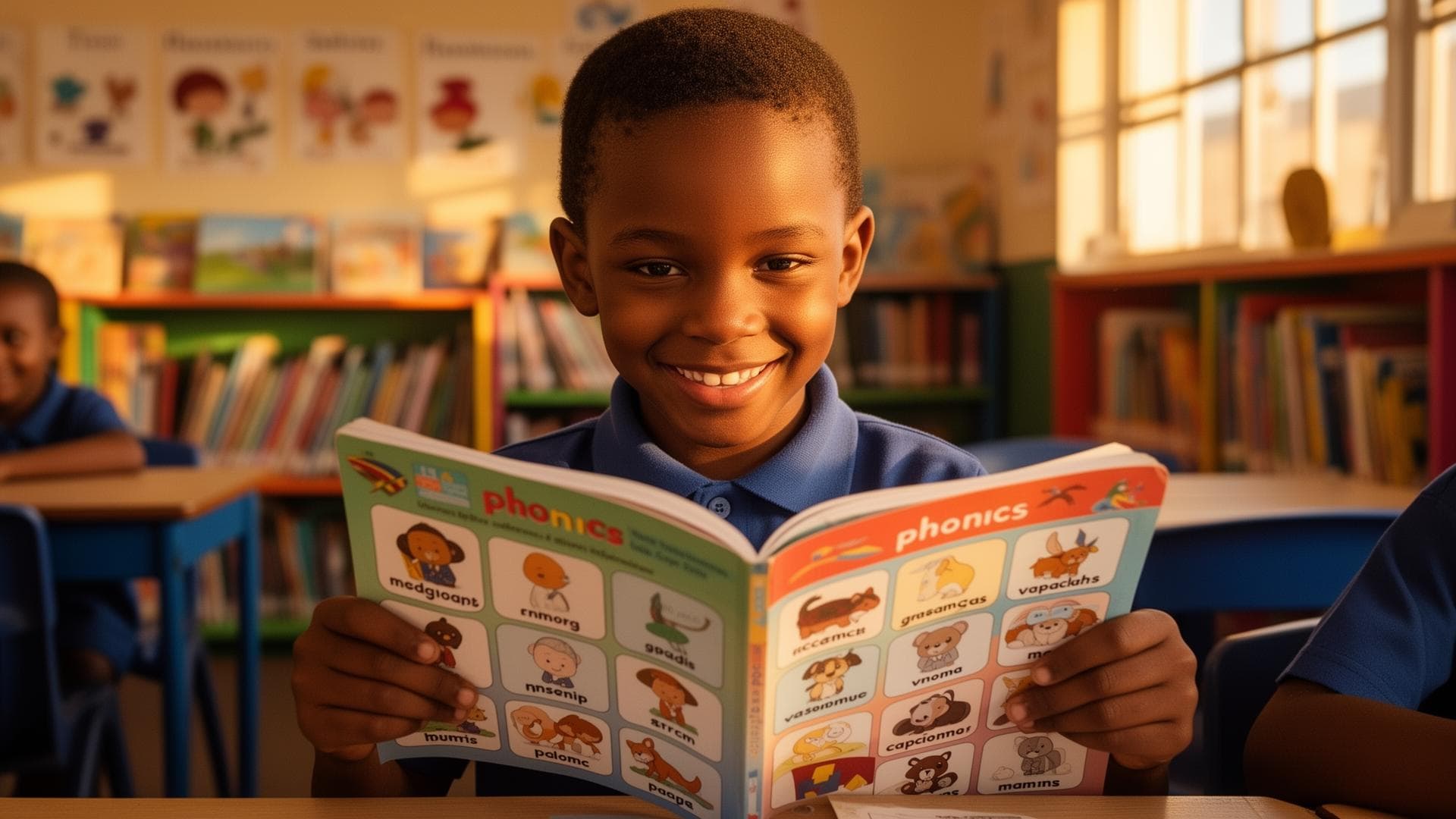 A young learner in a Western Cape primary school smiling while reading a colourful phonics workbook.